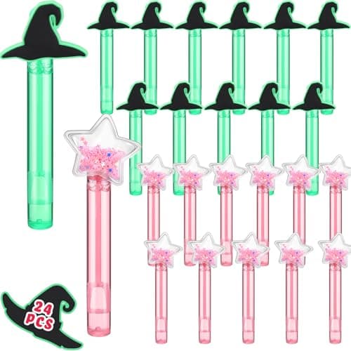 RoundFunny 24 Pcs Witch Party Favors Witch Hat and Star Bubble Wands Pink and Green Bubble Wands for Summer Outdoor Goodie Bags Stuffers Carnival Prizes Birthday Treats