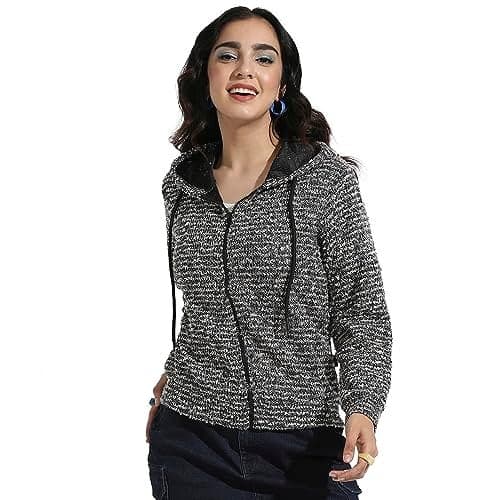 Campus Sutra Women's Charcoal Grey Zip-Front Textured Hoodie for Casual Wear | Hooded Neck | Long Sleeve | Zipper Closure | Poly Sweatshirt Crafted with Comfort Fit for Everyday Wear