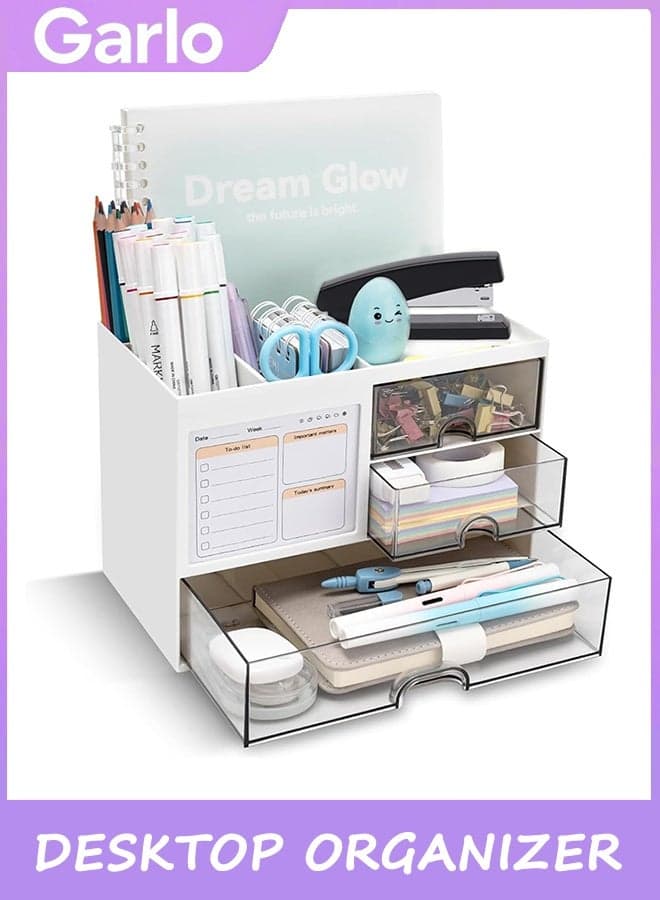 Desk Organizer with 3 Drawer, Multi-Functional Pencil Pen Holder for Desk, Desk Organizers and Storage with 5 Compartments, Desktop Organizer for Office Home Art Supplies and Cosmetic
