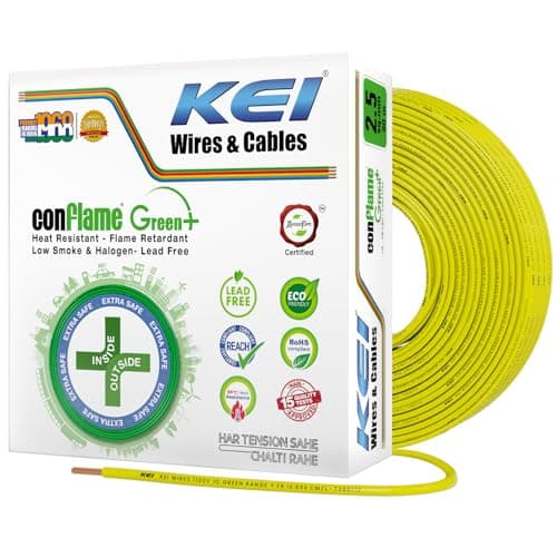 KEI CONFLAME GREEN PLUS 2.5 sqmm 1 Core Copper Heat Resistant Flame Retardant Low Smoke & Halogen - Lead Free House Wire for Domestic & Industrial Electrical Wiring (Yellow, 90 Meters)