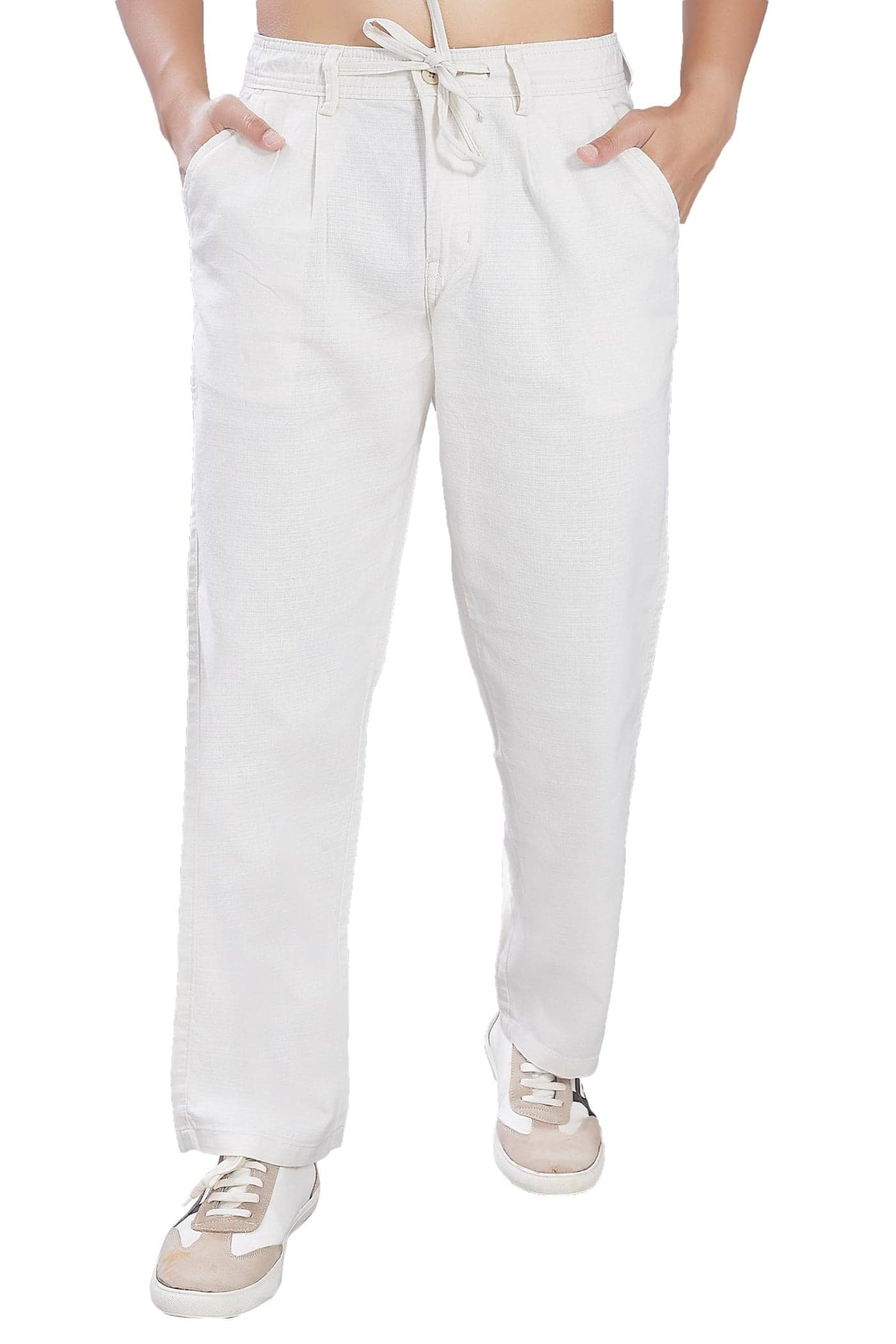 DIVISIVE Men's Relaxed Fit Front Pleated Cotton Linen Blend Trousers (DPT37_36_Ivory)