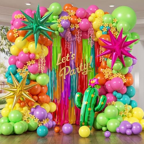 158pcs Mexican Fiesta Balloon Garland Arch Kit with Yellow Hot Pink Lime Green Orange Purple Teal Foil Balloons for Mexican Fiesta Birthday Party Decorations