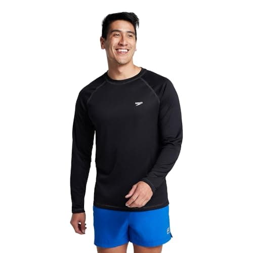 Speedo Men's UV Shirt Long Sleeve Loose Fit Easy Tee athletic technical swimsuits, Speedo Black, Large US