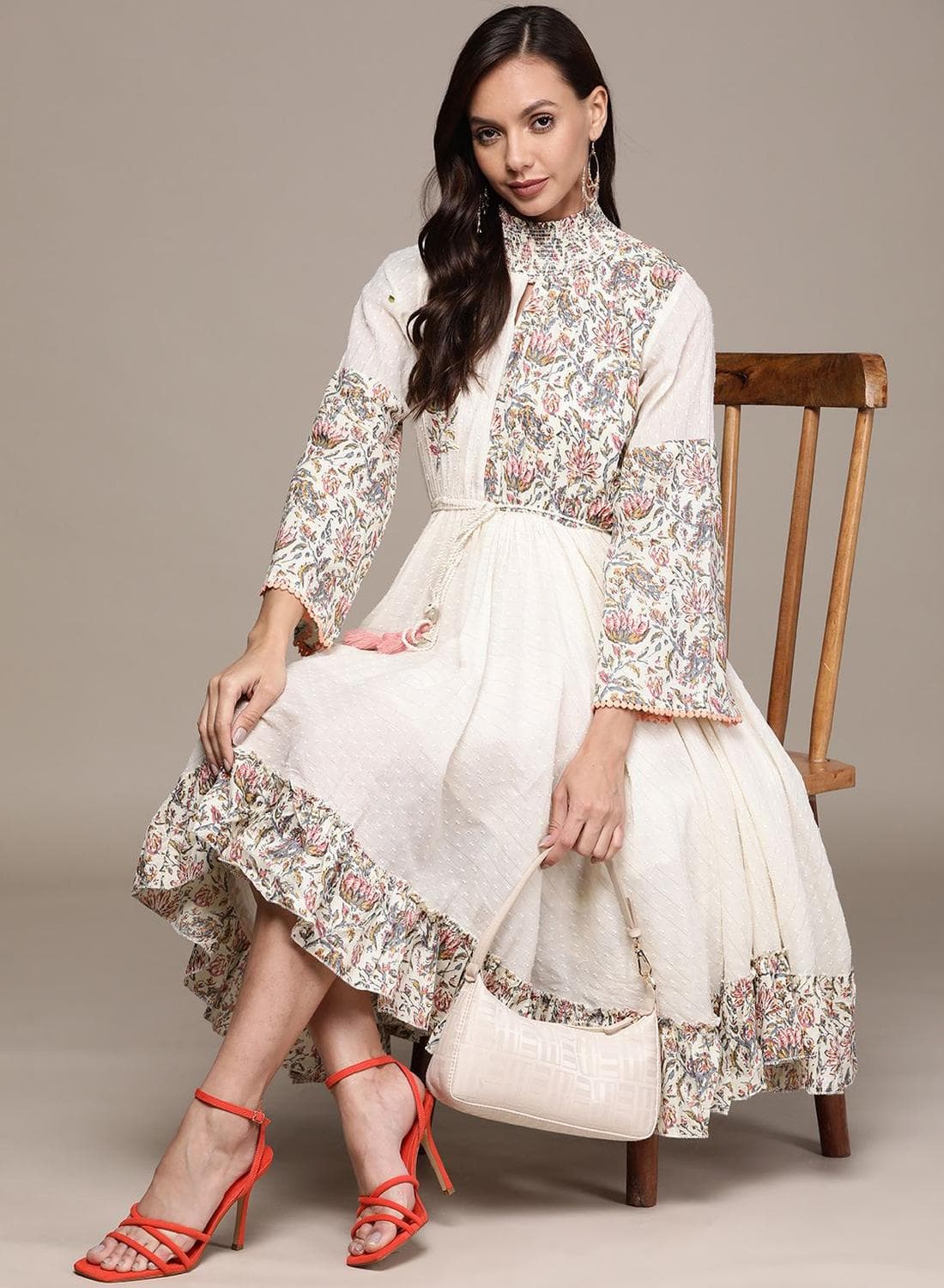 Women'S Cream 100% Cotton Embellished Regular Fit Dress