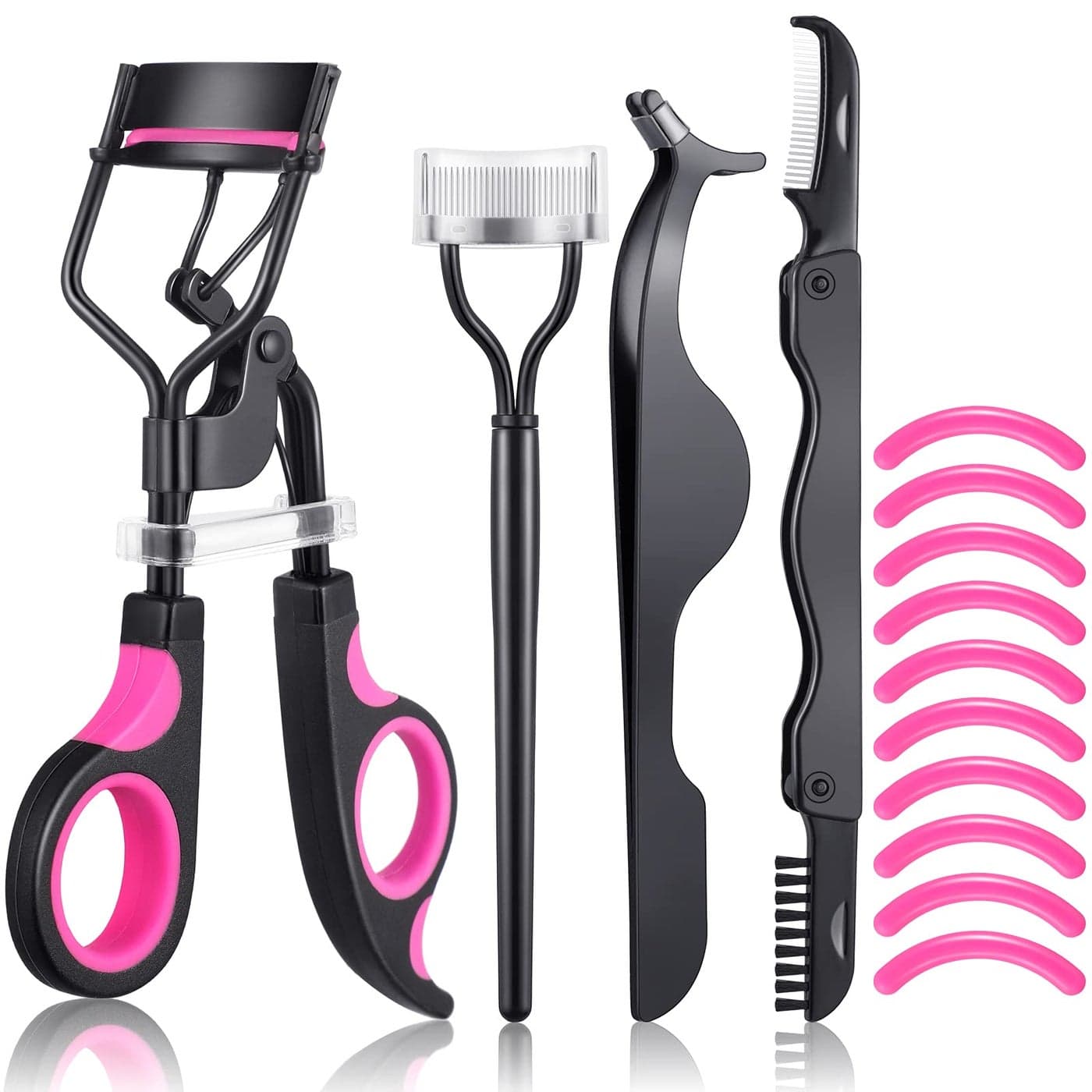 14 Pieces Eyelash Curler Kit Eyelash Comb Eyebrow Brush Tweezers False Eyelashes Applicator Tool Eyebrow Trimmer Silicone Refills Pads for WomenBlack and Purple
