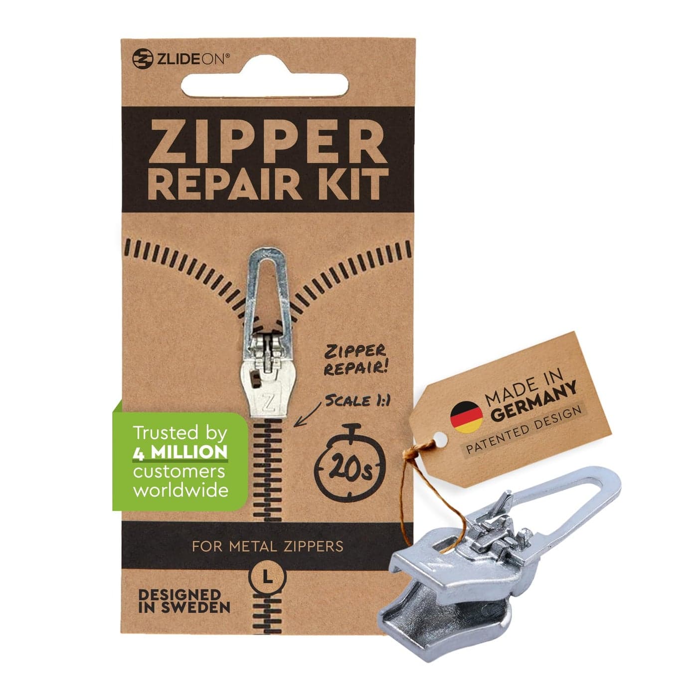 ZlideOn Zipper Pull Replacement 1pcs Silver Normal L Instant Zipper Replacement Slider for Metal Zippers