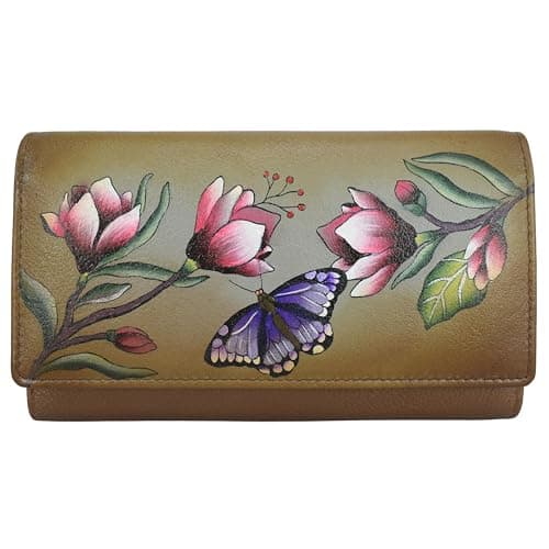 Anna by Anuschka Women’s Hand-Painted Original Leather RFID Checkbook Clutch Wallet - Magnolia Garden Bronze