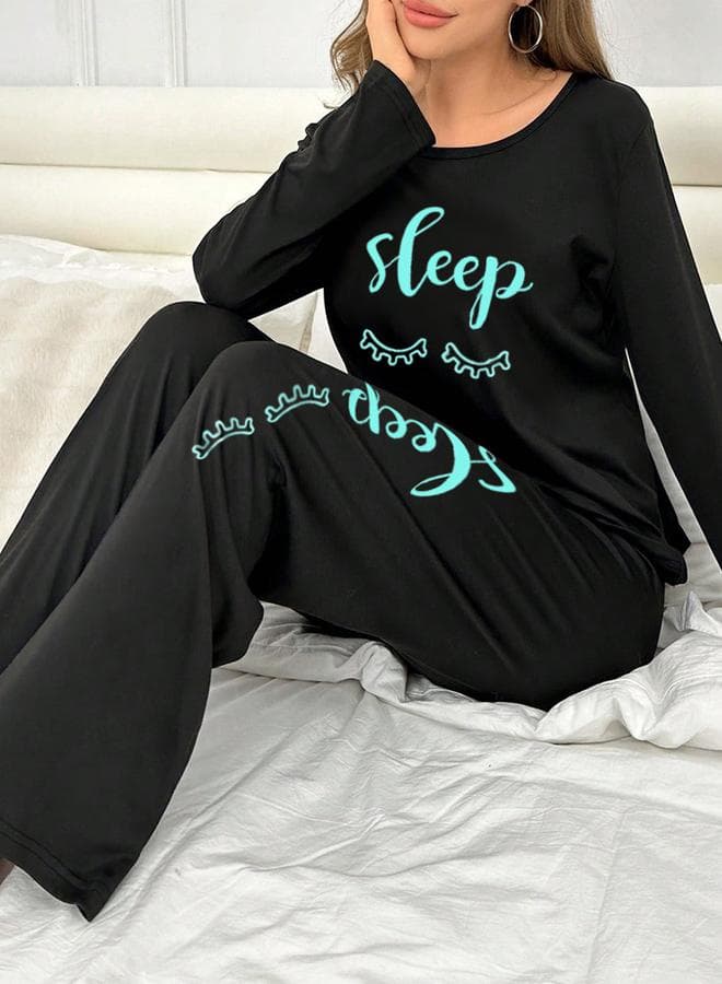 Take Two Slogan Print Long Sleeve T-Shirt with Bow Detail Pants Set