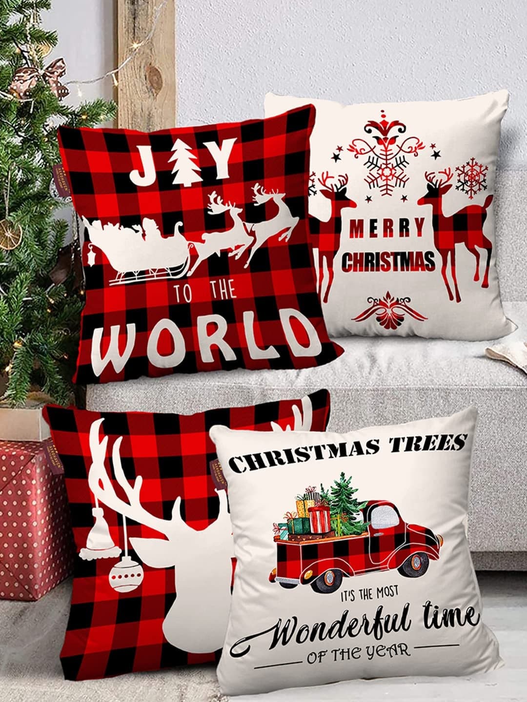 AEROHAVEN Set of 4 Merry Christmas Decorative Throw Pillow/Cushion Covers - CC219 - (18 X 18 INCH, Red & Off-White)