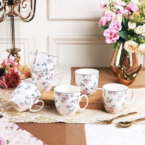 Vigneto Floral Victorian Green Coffee Mug Set | Set of 6 Mugs, 200 ML | Finest Premium Porcelain | for Coffee/Tea | Scratch Resistant | Lead Free | Perfect for Gifting
