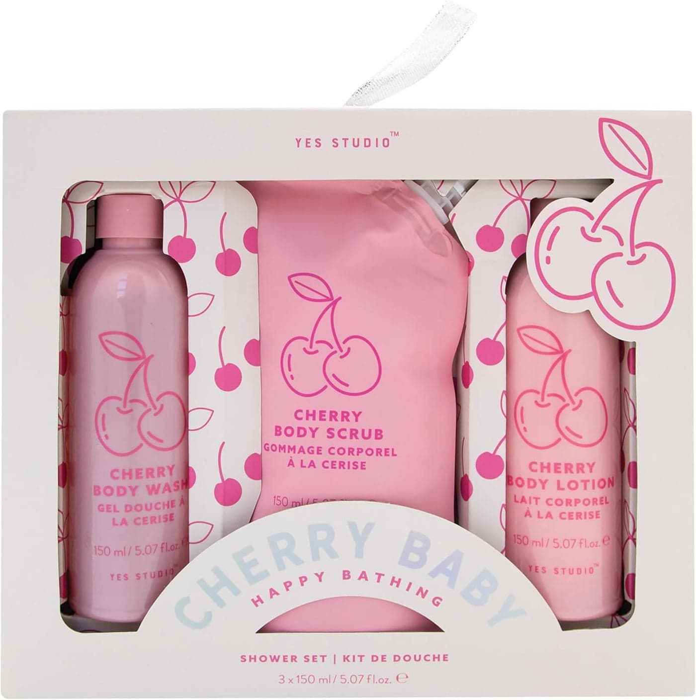 Yes Studio Cherry Baby Happy Bathing Shower Set Cleanse Exfoliate Moisturise with Body Wash Body Scrub Body Lotion 450ml Cherry Scented Bath Gift Set for Smooth Soft Skin