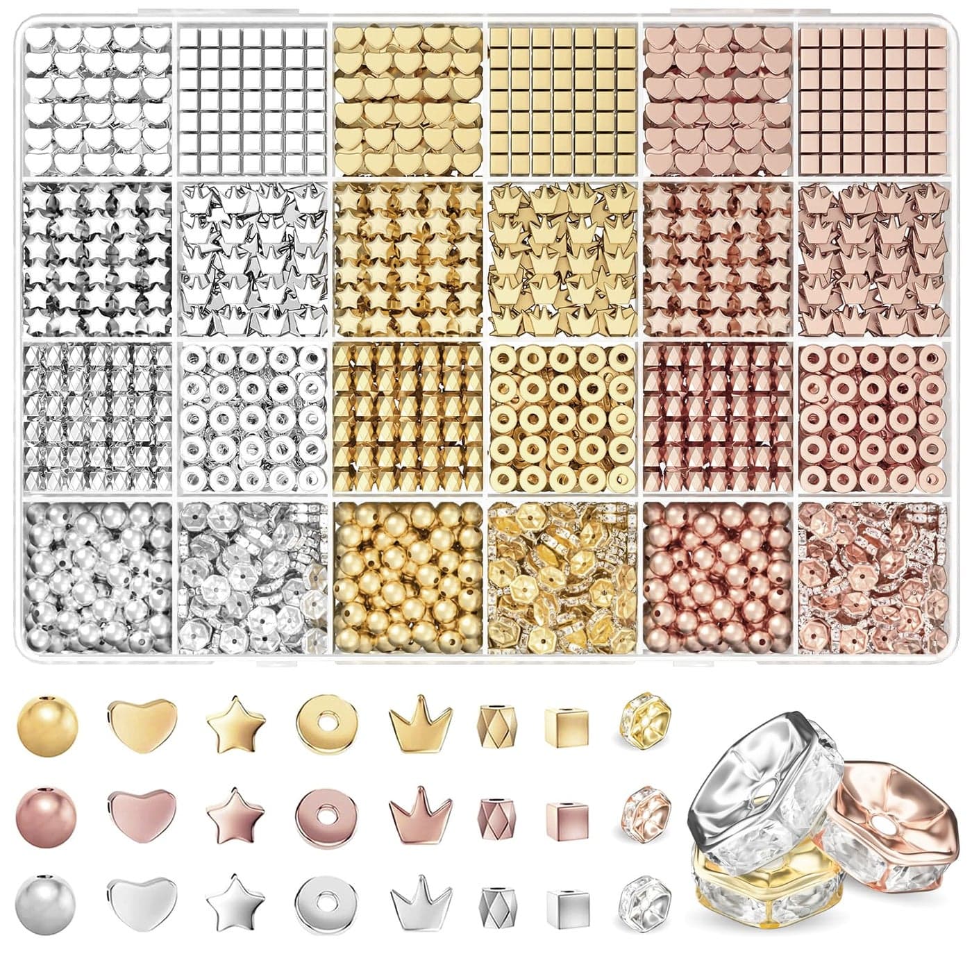 ARTDOT 1740 Pieces Gold Beads for Friendship Bracelets Making Kit, 8 Shapes Organized Jewelry Making Supplies Spacer Beads Set with Rhinestones Crafts Gifts for Teen Girls Ages 6 7 8 9 10 11 12