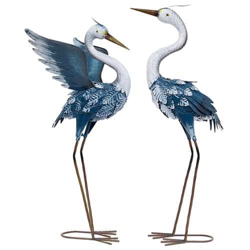 TERESA'S COLLECTIONS Yard Decorations Outdoor Garden Statues, Blue Metal Crane Yard Art, 25-26" Lawn Ornaments for Backyard,Outside Porch,Patio,Heron Decoy Bird Garden Decor,Set of 2,Gifts for Mom