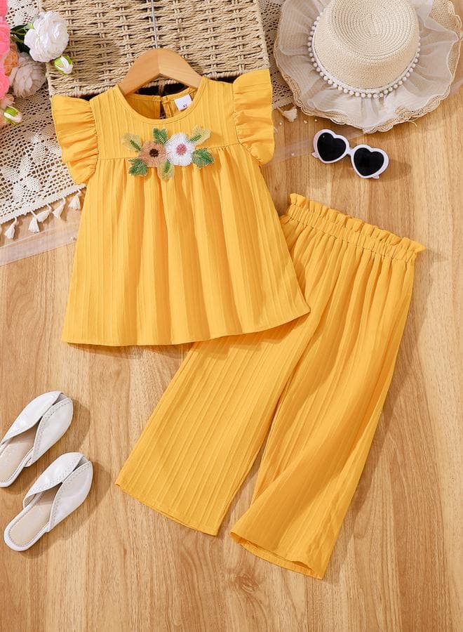 Girls Floral Embroidered Frill Sleeve Top And Pants Set