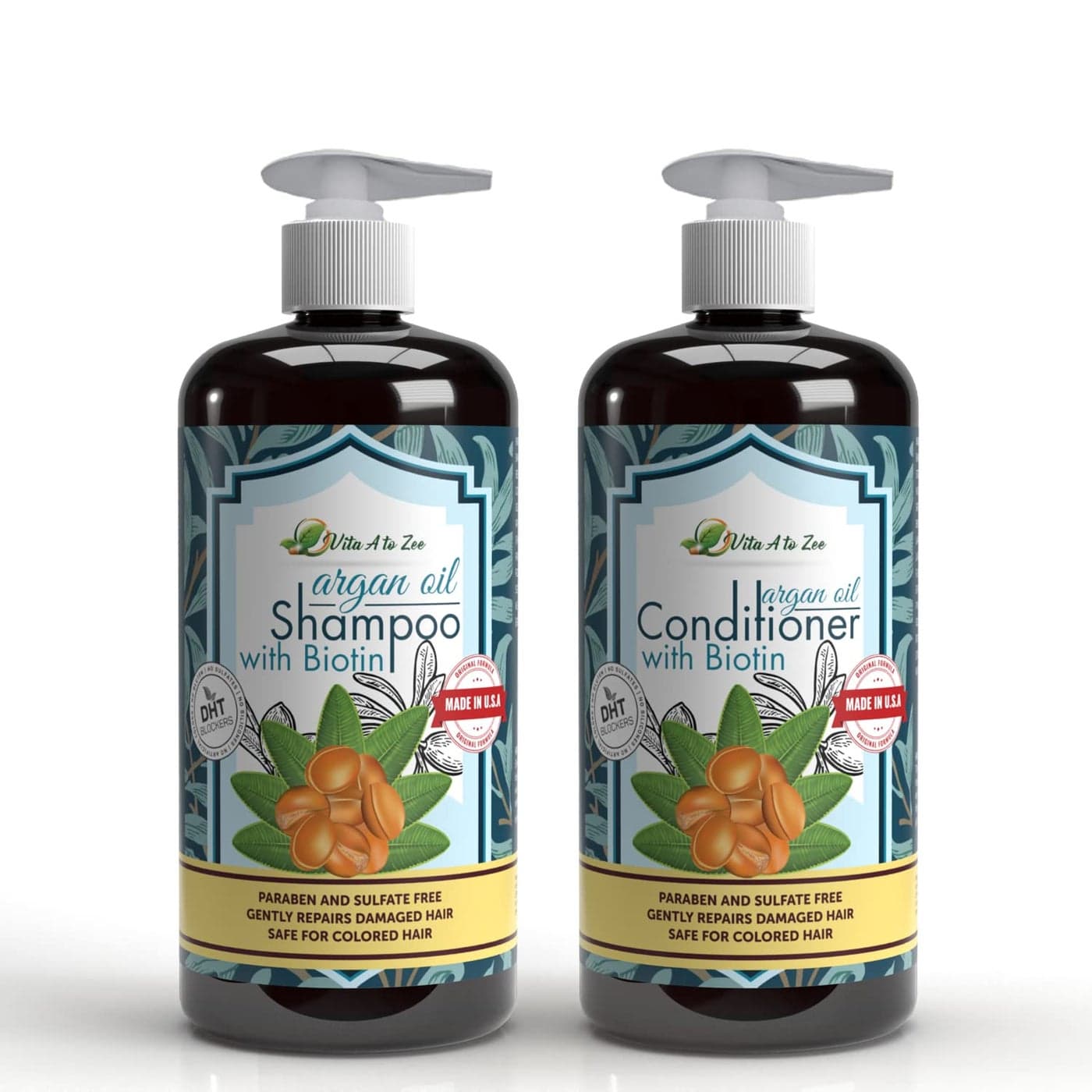 Vita A to Zee Moroccan Argan Oil Biotin Shampoo & Conditioner Set (2 x 16.9 Fl Oz) | Natural Hair Repair, Moisturization & Conditioning Treatment for Dry, Damaged Hair | DHT Blocker & Anti Hair Loss
