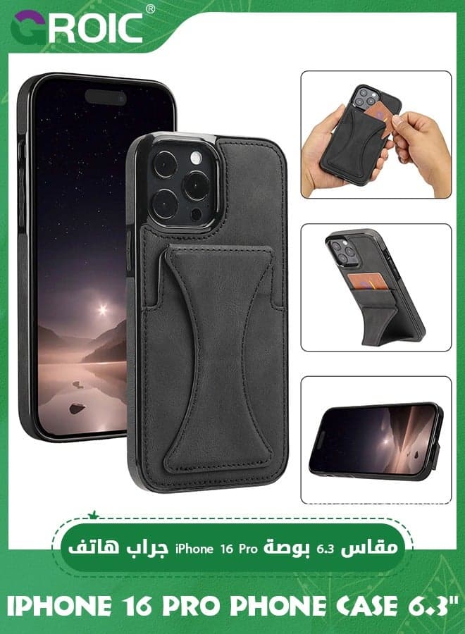 Case for iPhone 16 Pro 6.3 Inches Case, Slim PU Leather Wallet Case Credit Card Slot Holder Lightweight Protective Anti-Fall Kickstand Skin PU Leather TPU Back Cover with Folding Kickstand