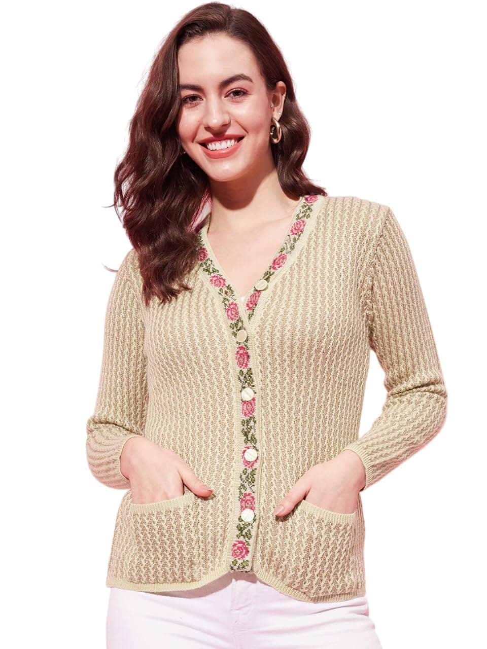 Modeve Women V Neck Ethnic Camel Sweater for Winter||Winterwear||