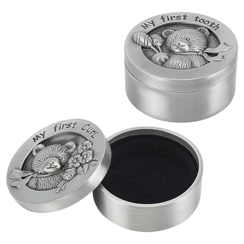 FINGERINSPIRE 2 PCS My First Curl & Tooth Bear Keepsake Box - 1.3inch Inner Size Antique Silver Baby Teeth Collection for Childhood Memory, Alloy Tooth Holder and Curl Organizer Set