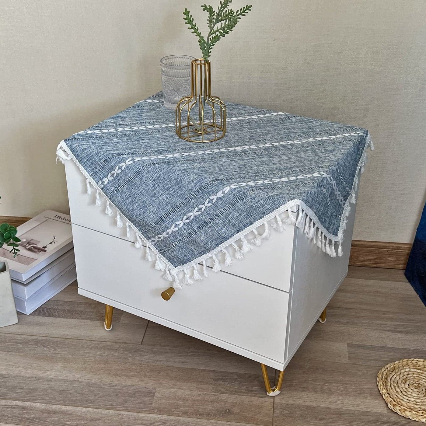 Hpxrom Rustic Bedside Square Small Tablecloth Striped Embroidered Washable Blue Table Cover Farmhouse Stitching Tassel Table Cloth for Nightstand Cabinet Tabletop Decoration 24 x 24 Inch