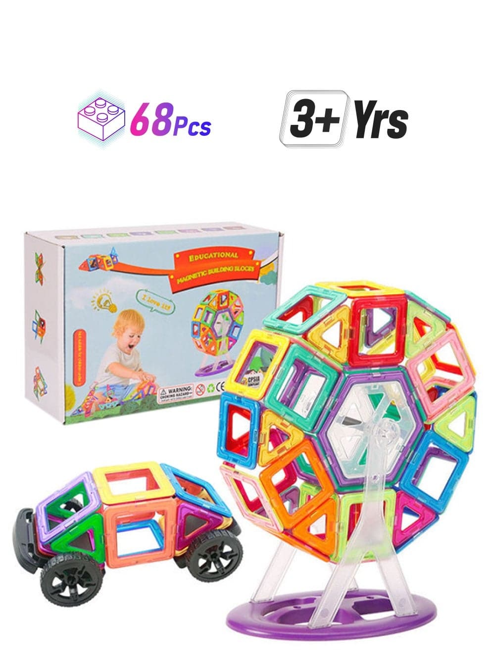 JZRtoys03 68- Piece Magnetic Building Blocks for Toddlers & Kids Set 68 3+ Years