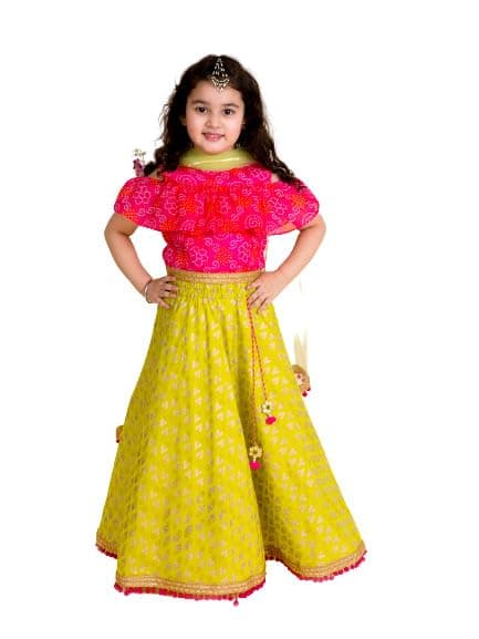 Pspeaches Girl's Green Pink Printed Polyester Readymade Lehenga Choli Set (Green-5-6Y)
