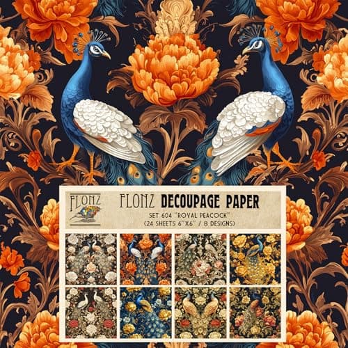 Decoupage Paper Pack 24 Sheets 6x6 Royal Peacock Majestic Blue and Gold Peacock Surrounded by Lush Florals in Regal Hues Vintage Styled Paper for Craft and Scrapbooking