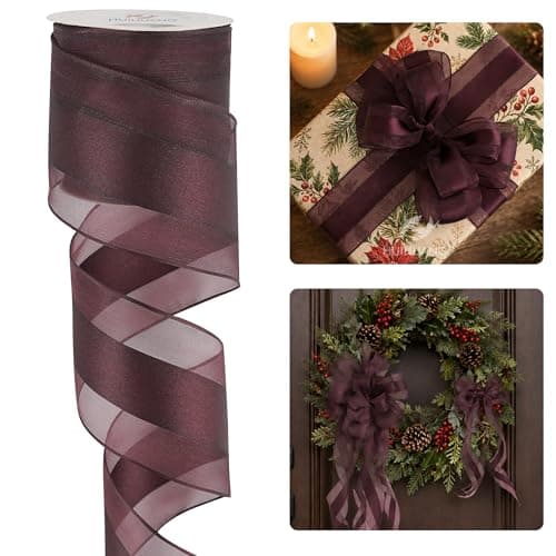 HUIHUANG Burgundy Sheer Christmas Ribbon with Satin Stripe 25 inch Burgundy Wired Ribbon for Bows Making Wreaths Garland Gift Wrapping Wedding Bridal Shower DecorationsContinous 10 Yards