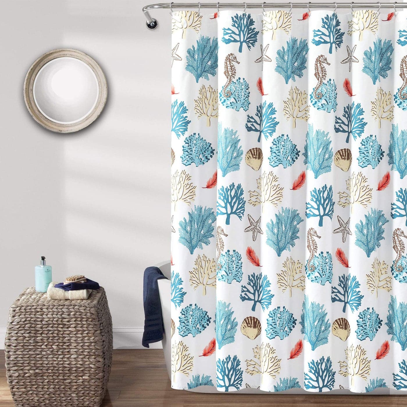 Lush Decor Coastal Reef Feather Shower Curtain 72 W x 72 L Blue Coral Coral Starfish Seahorse Feather Pattern Beach Bath Curtain Costal Shower Curtain Ocean Themed Bathroom Decor