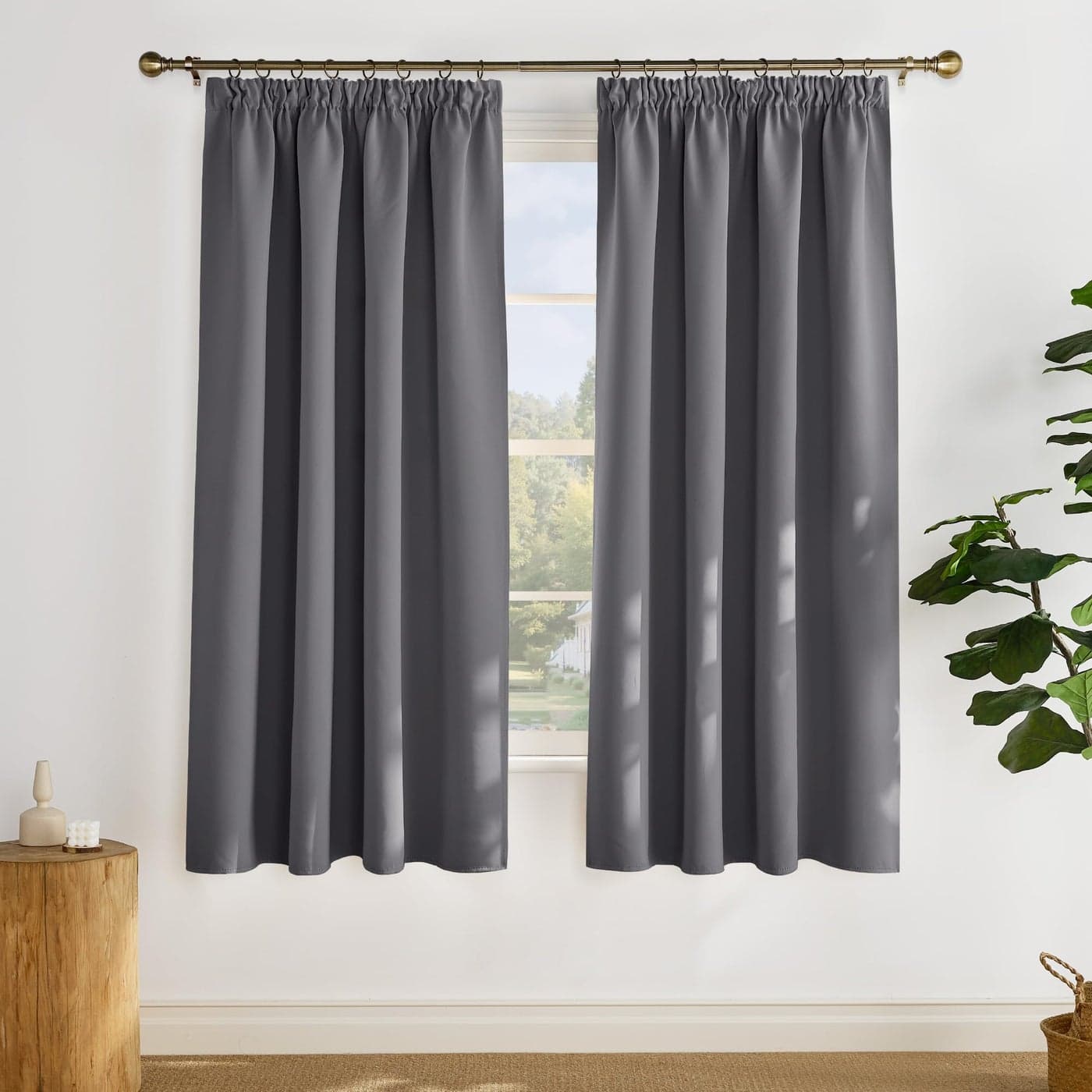 PONY DANCE Grey Blackout Curtains Pencil Pleat Room Darkening Window Curtain Panels for Boys Bedroom Solid Window Blinds for Thermal Insulated W55 X L69 1 Pair