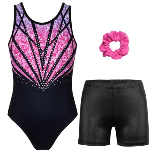 JOYSTREAM Gymnastics Leotards for Girls With Shorts Sparkly Ballet Dance Activewear Flowery Sequin,6-7Years