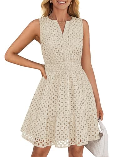 ZESICA Women's Summer Sleeveless Mini Dress V Neck Hollow Out Eyelet High Waist A Line Swing Short Party Dresses,Apricot,Medium