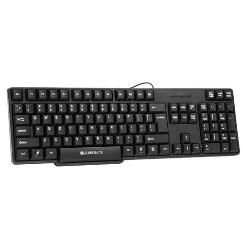 ZEBRONICS K20, Wired Keyboard, 104 Keys, 1.2m Cable, ₹ Key, UV Coated Keys, USB Interface, Retractable Stand, Plug and Play