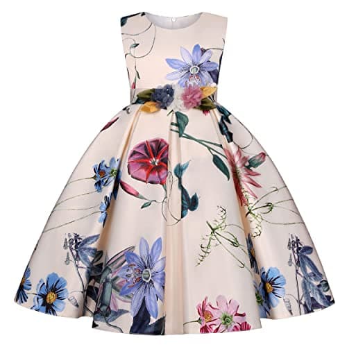 BESZANA Girls Dress Bow Design Girls Party Birthday Dress Suitable for Children Aged 2-10 Champagne