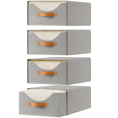 Baesyhom 4 Pcs Closet Drawers and Large Size Clothes Storage Bins Push-Out Storage Stackable Shelf Drawers with See-Through Window Closet Organizers for Bedroom, Living Room, Under Bed, Grey