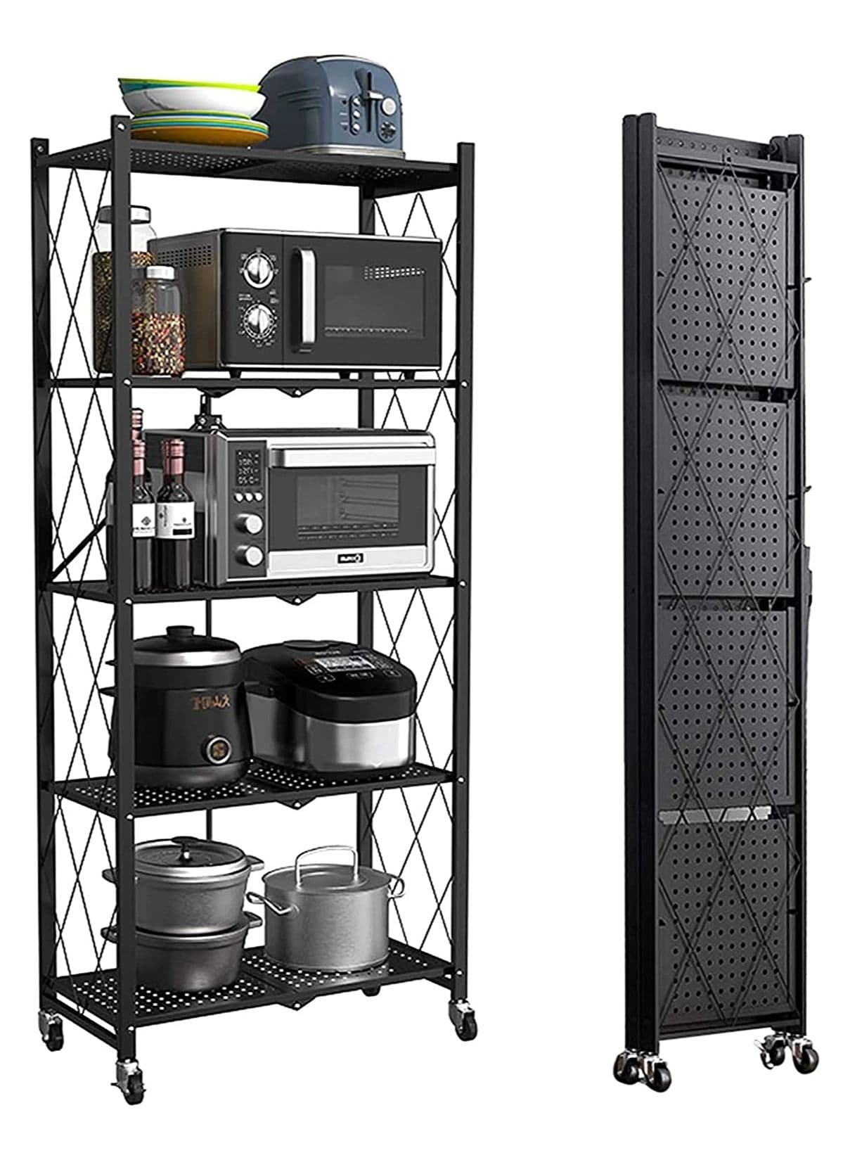 Folding Storage Shelf with Wheels 5 Tiers Space Saving Organizer for Living Room Bedroom Kitchen Home