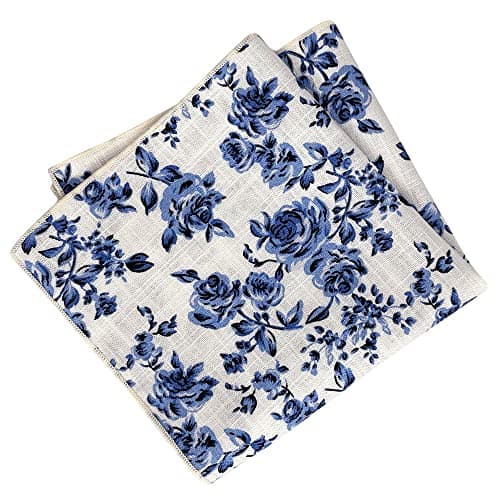 Kebocis Mens Blue Floral Pocket Square Handkerchief for Men, White