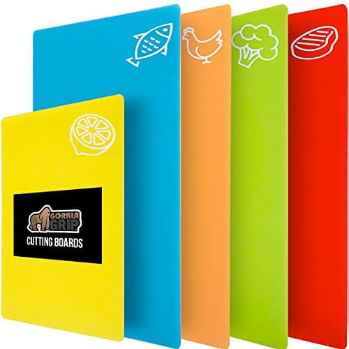 GORILLA GRIP 100% BPA-Free Flexible Cutting Board Set of 5, Durable Plastic Mats with Food Icons for Meal Prepping, Large and Mini Kitchen Chopping Mat, Use for Meat Fish Vegetables Fruit, Multicolor