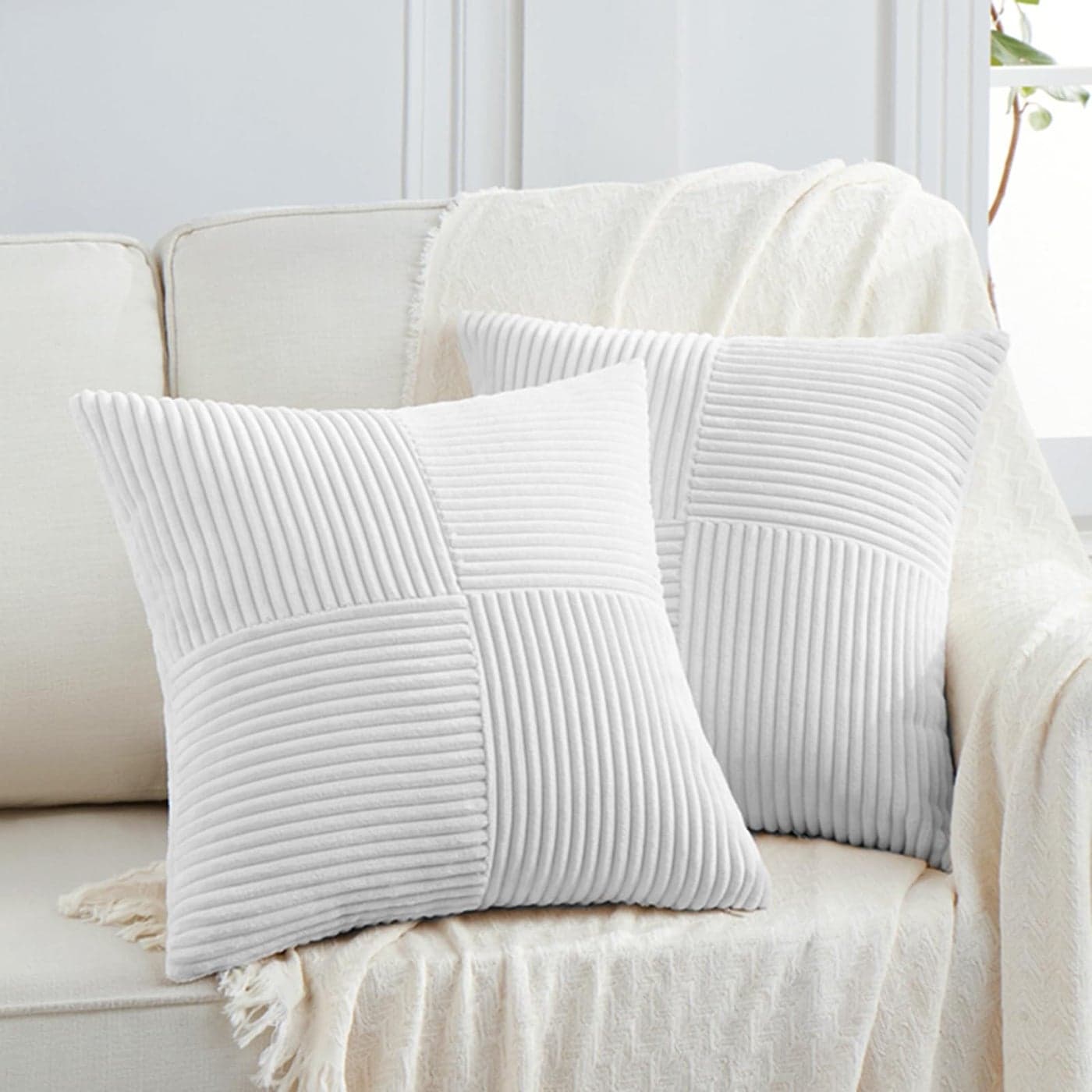 Fancy Homi 2 Packs Pure White Decorative Throw Pillow Covers 18x18 Inch for Living Room Couch Bed Sofa Farmhouse Boho Home Decor Soft Corss Corduroy Patchwork Textured Square Cushion Case 45x45 cm