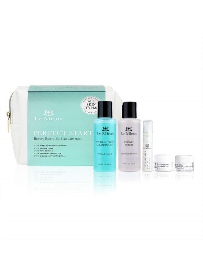 Perfect Start Beauty Essentials Set for Normal Skin - 5-Piece Facial Set - Phyto-Nutrient Cleansing Gel, Essence Toner, TGF-B Booster, Eye Wrinkle Corrector & Bio Cell Rejuvenating Cream