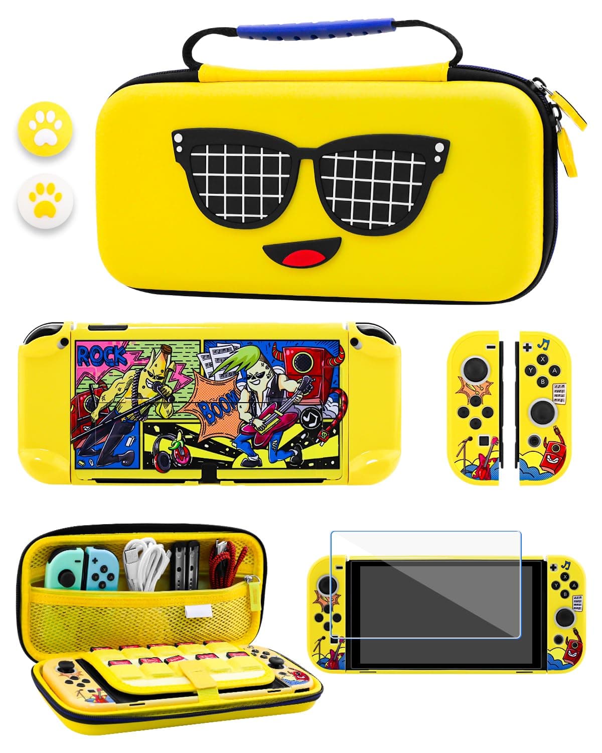 GLDRAM Yellow Switch OLED Case Bundle Portable Travel Carrying Storage Bag for Nintendo Switch OLED PC Protective Skin Cover Screen Protector Thumb Cap for Console Accessories
