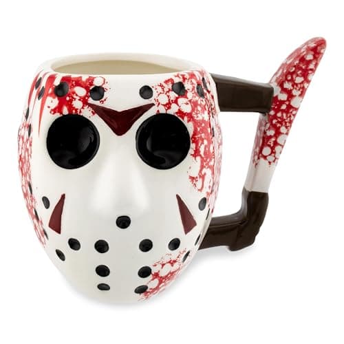 Silver Buffalo Warner Bros Friday The 13th Jason Mask with Knife Ceramic Coffee 3D Sculpted Mug, 1 Count (Pack of 1), Multicolor, 20 fluid ounce.