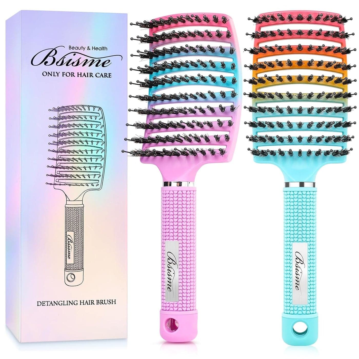 Boar Bristle Hair Brush Curved Vented Detangler Brush Faster Blow Drying Paddle Detangling Brush for Women Men Kids Wet Dry Long Curly Thick Straight Hair Make Hair Shiny and HealthierPurpleGreen