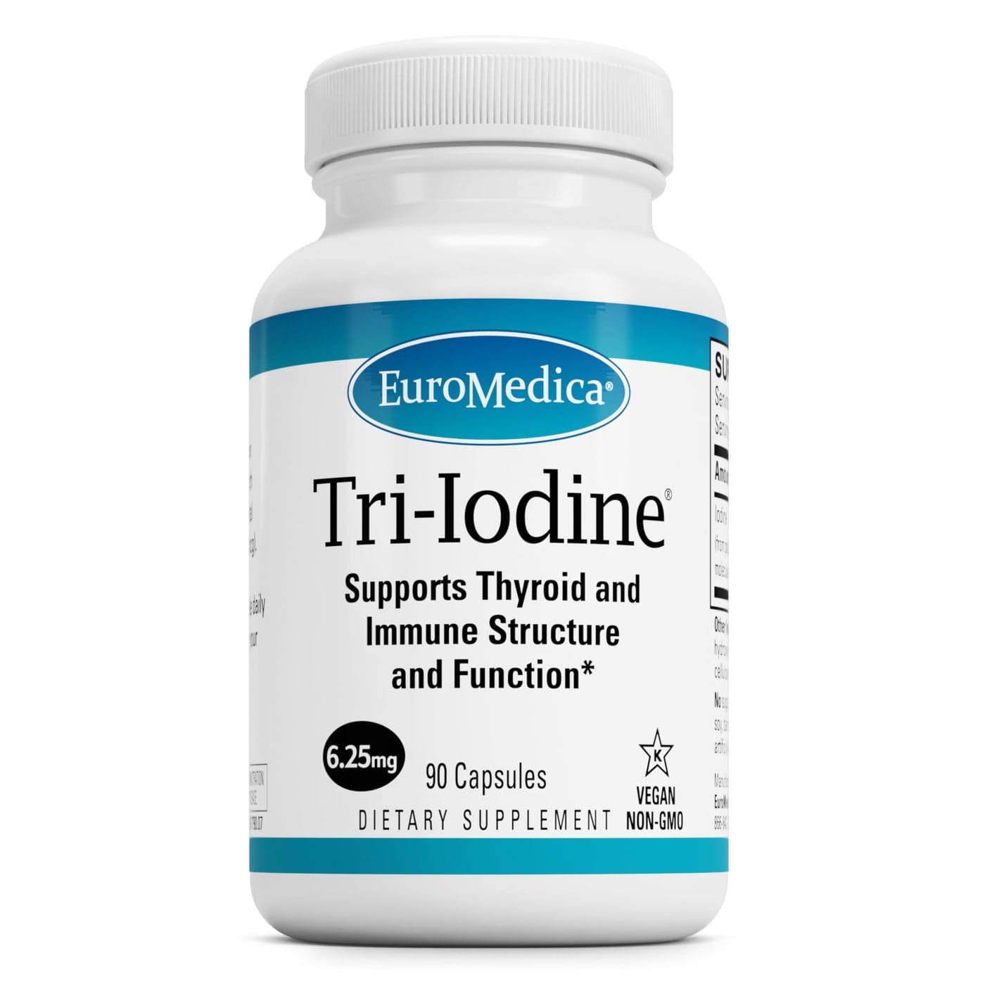 EuroMedica TriIodine 625mg 90 Capsules Potassium Iodide Sodium Iodide Molecular Iodine Supports Healthy Thyroid Immune Function 90 Servings