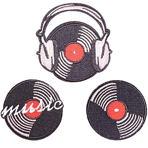U-Sky Sew or Iron on Embroidered Patches | Vinyl Record & Headphones Music Theme Design | Retro Musical Lovers Enthusiasts DJs | Jackets Backpacks Jeans Vest | 3"x2.9" 3 Different Designs 3PCs Pack