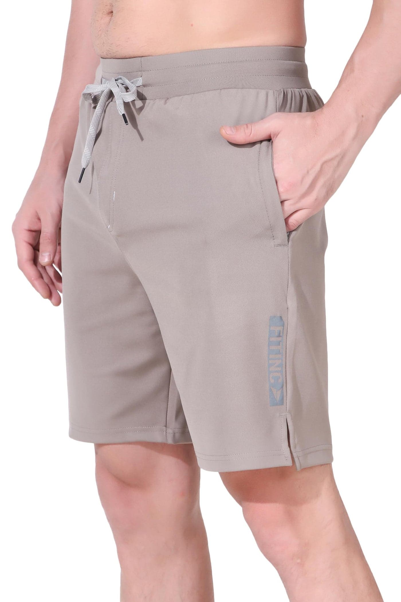 FITINC Stretchable Slim Fit Shorts for Men | Dry-Fit Half Pant for Man | Polyester Shorts for Men with Zip Pockets for Training, Workout, Yoga & Sports Outdoor Activities - Medium, Silver Mink