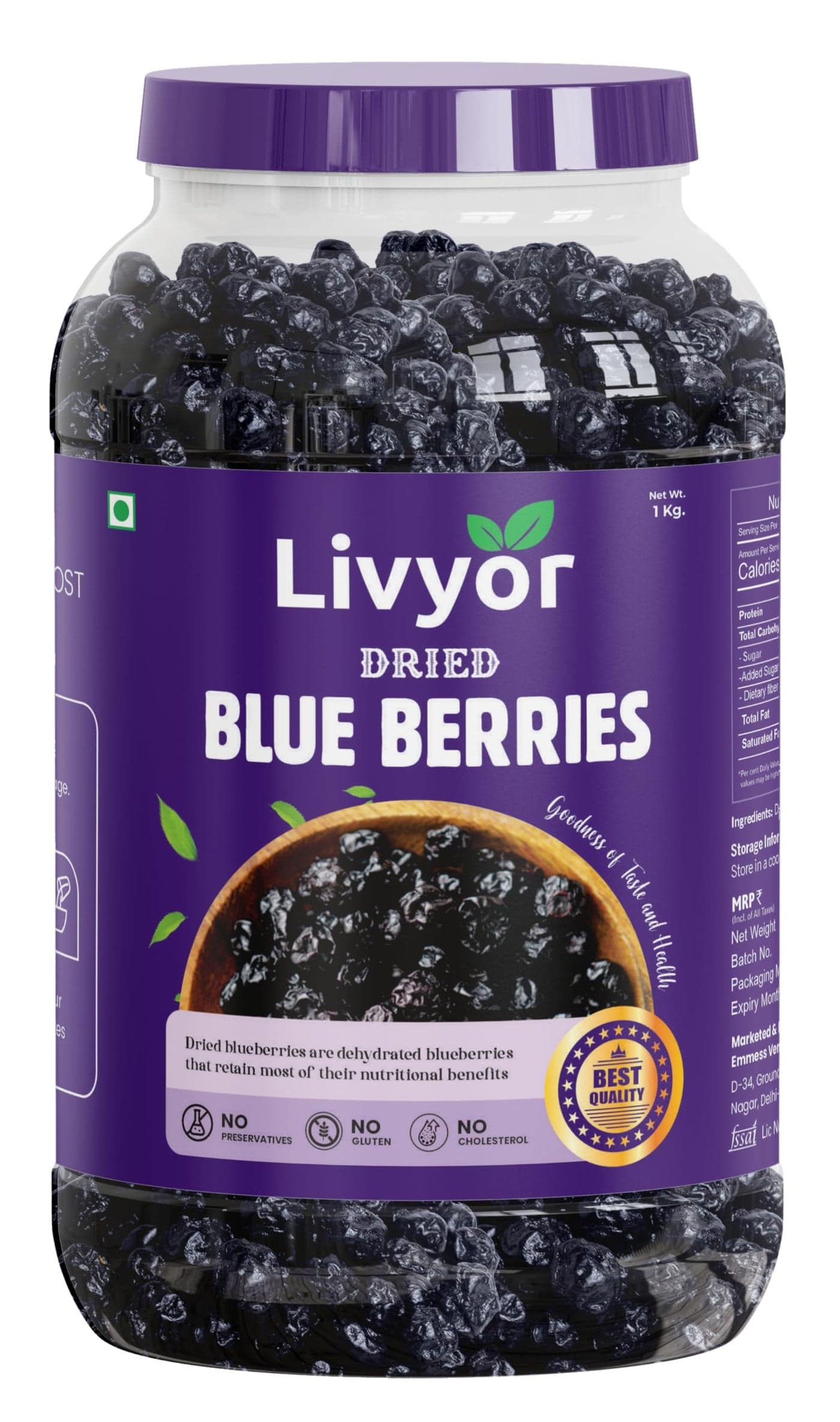 Livyor Premium Dried Fresh Blueberries for eating - 1kg | Blueberry Dry Fruits | Rich in Antioxidant | Healthy and Tasty Snack | Pack of 1