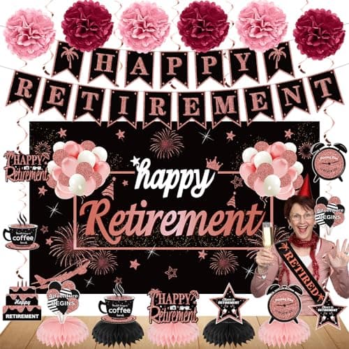 Kuxriox 20PCS Happy Retirement Party Decorations Kit for Women Rose Gold Retirement Backdrop Balloons Honeycomb Centerpiece Swirl Paper Pompoms Party Supplies Retired Sash Table Topper Swirls Set