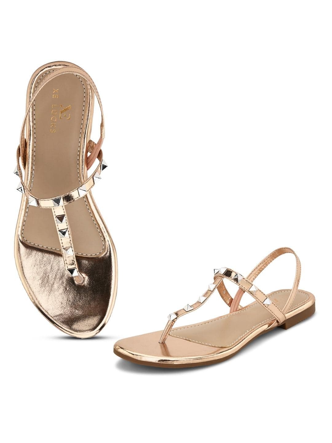 XE Looks Women's Gold Studded Flat Sandals | Slip-On Design with Trendy Metallic Stud Straps | Comfortable & Soft Footbed | Flat Sandals For Girls & Women