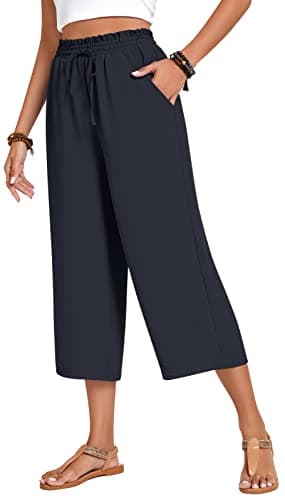 Anyhold Womens Plus Size Capri Pants Loose High Waisted Wide Leg Lounge Pants Drawstring Casual Palazzo Trousers with Pockets 2X-Large, Dark Blue