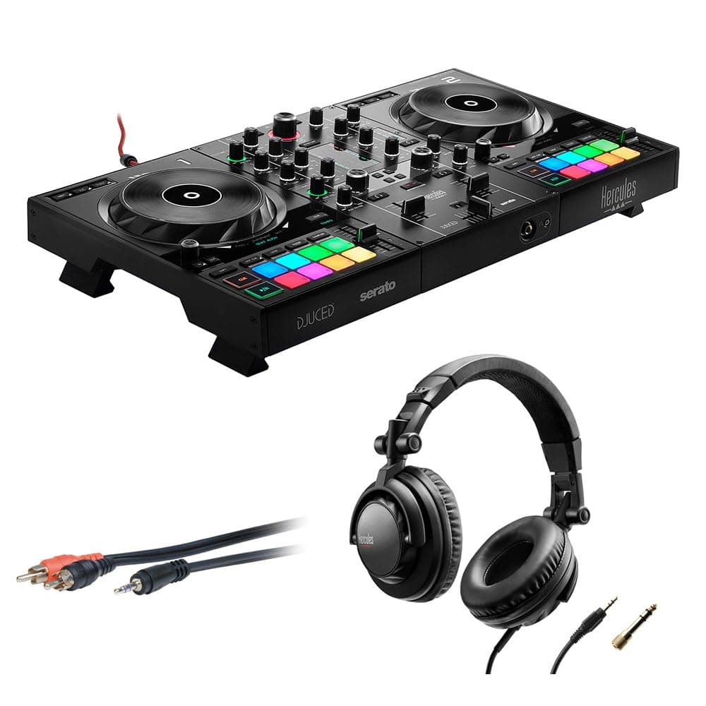 Hercules DJControl Inpulse 500 DJ Software Controller with Hercules HDP DJ45 OverEar Headphones Mini to 6 RCA Cable Bundle
